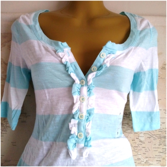 *SOLD* Y2K Old Navy Striped Ruffled Henley Top in White and Teal-Size S - Picture 3 of 5